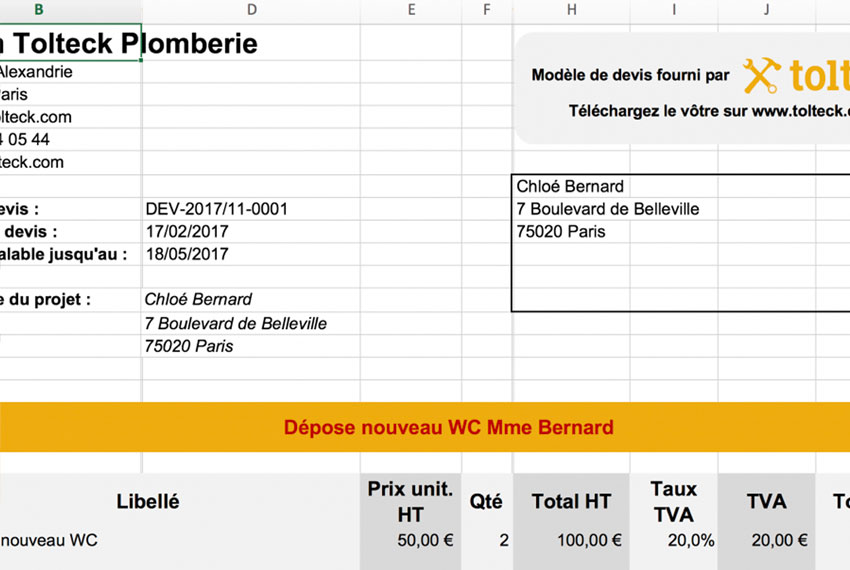 Capture d'écran montrant un modèle de devis Excel fournie par Tolteck