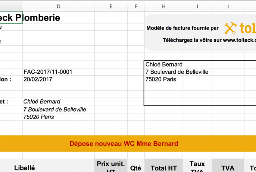 Capture d'écran montrant un modèle de facture Excel fournie par Tolteck