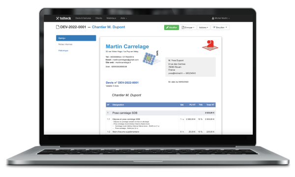 devis fait sur le logiciel Tolteck sur un ordinateur Mac