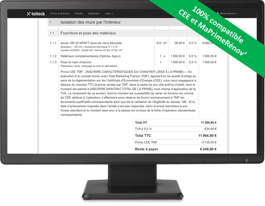 exemple de remise CEE et MaPrimeRénov sur un document Tolteck