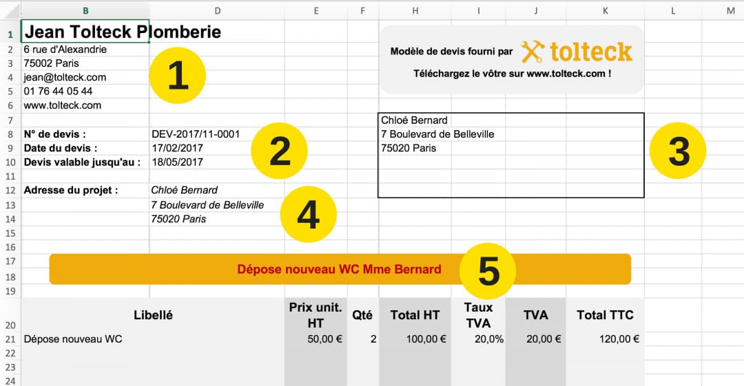 exemple de devis fourni par Tolteck