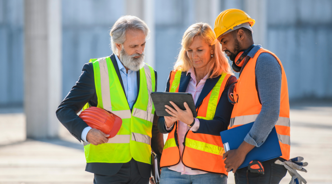Artisans du bâtiment travaillant sur une tablette sur un chantier