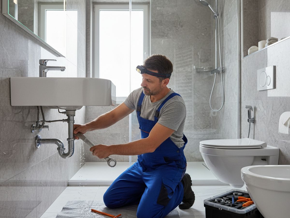 Plombier travaillant dans une salle de bain