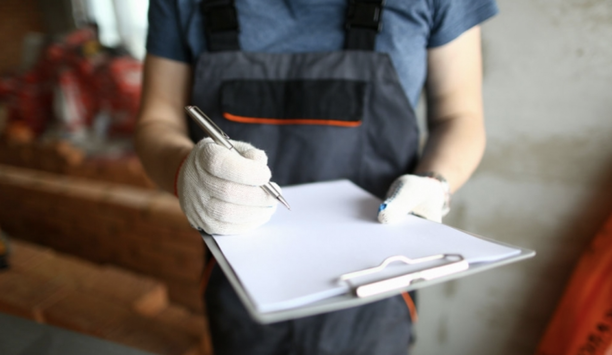 Artisan du bâtiment entrain de signer un devis