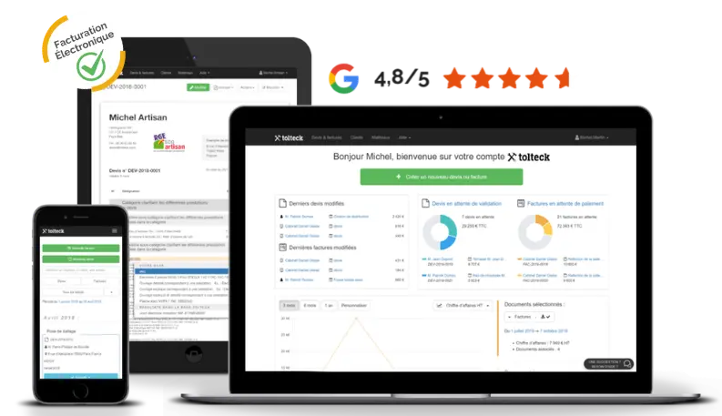Logiciel de devis et facturation électronique Tolteck pour artisans du bâtiment, conforme aux obligations 2026-2027, accessible sur ordinateur, tablette et mobile