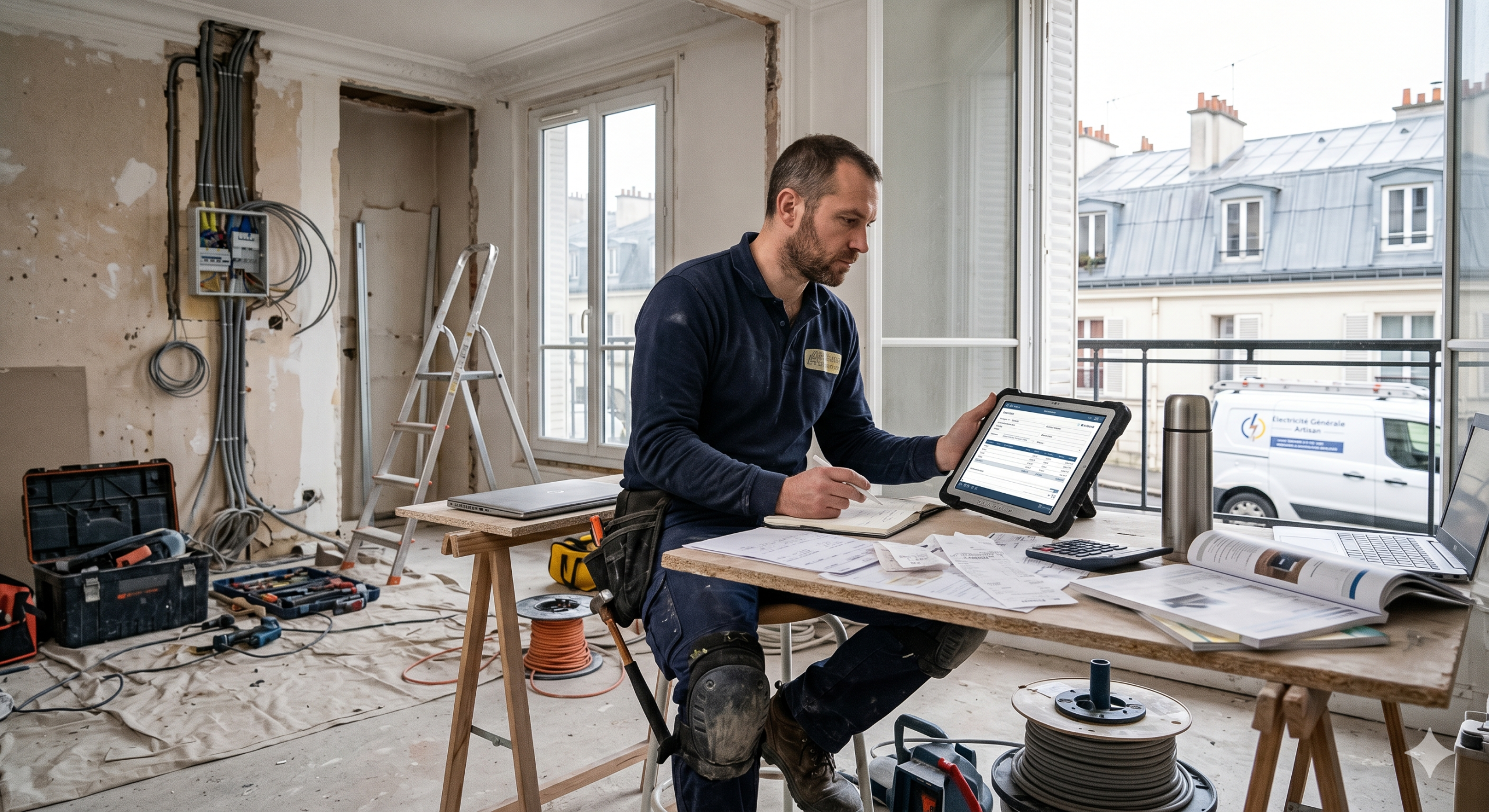 Artisan sur ipad Artisan du bâtiment sur le chantier travaillant sur son ipad