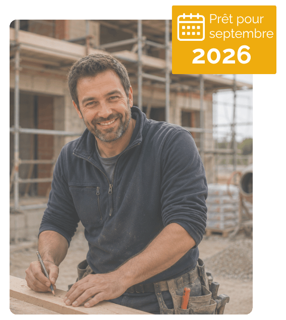 Artisan du bâtiment travaillant sur un chantier avec la mention « Prêt pour septembre 2026 »