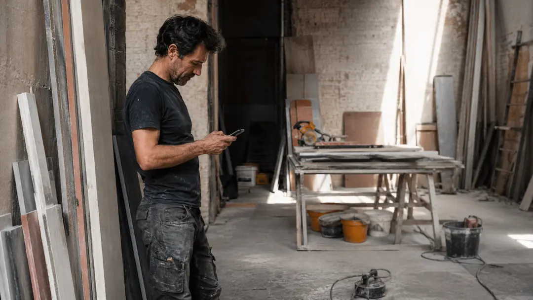 Artisan du bâtiment sur un chantier Artisan du bâtiment consultant son smartphone sur un chantier